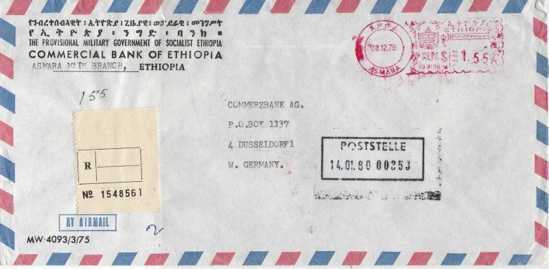 Ethiopia 1979 Bank of Ethiopia Airmail Regd Meter Mail Stamp Cover Ref 29957