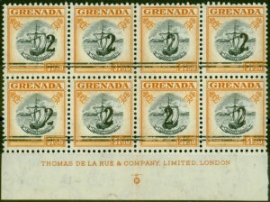 Grenada 1965 2 on $1.50 Black & Brown-Orange Fiscal Fine MNH Imprint Block of 8