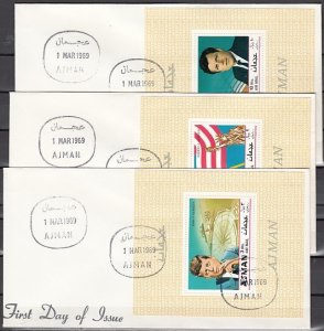 Ajman, Mi cat. 445-447, BL122-124 B. Kennedy Brothers s/shts. First day covers.^