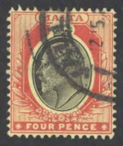 Malta Sc# 38 Used 1911 4p scarlet & black King Edward VII