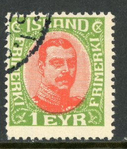 Iceland 1920 Christian X 1e Yellow Green & Red Scott # 108 VFU D127