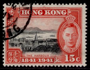 HONG KONG GVI SG166, 15c black & scarlet, FINE USED.