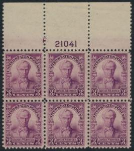 US #725 3c Webster, LARGE TOP Plate Block, XF-SUPERB mint never hinged, SUPER...