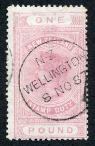 New Zealand Postal Fiscal 1882-1930 SGF33 1 pound rose-pink P12.5 VFU