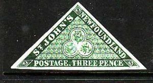 Newfoundland-Sc#11Ai- id7-unused no gum 3d green, Imperforate-watermarked-1860-