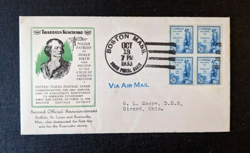 1936 Thaddeus Kosciusko Boston MA FDC 734 5a Airmail Cover to Girard Ohio