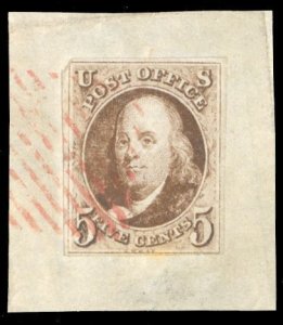 1, $425, 1847 5c red brown, used on piece, red grid cancel, rounded corner