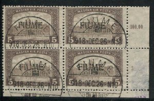 Fiume Vedute 5 Kr. Hand overprint in used quatrain