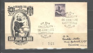 SPAIN 1950 SAN JUAN de DIOS FDC REGISTERED TO BARCELONA #771