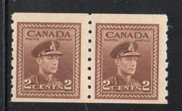 Canada Sc  264 1943 2 c brown George VI  coil stamp pair mint NH