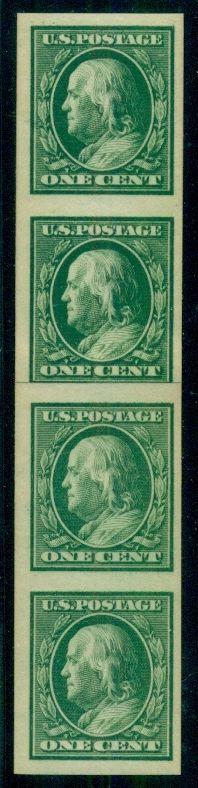 US #383v 1¢ Imperf Vertical Coil PASTE-UP STRIP OF 4 NH w/a bit of offset