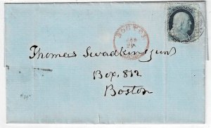 1850's Boston, Mass. PAID in black cancel on local cover, 1c Scott 24