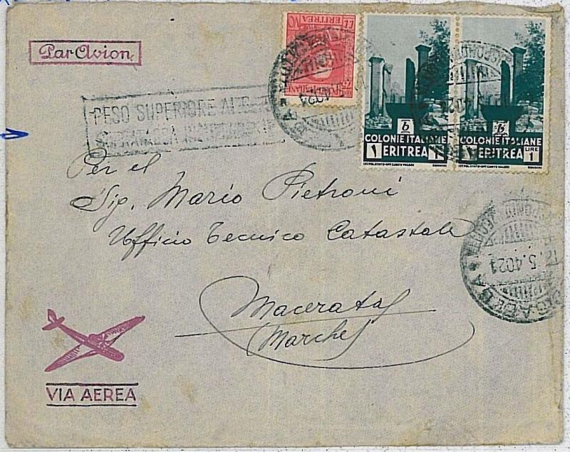 364ITALIAN COLONIES - A.O.I. ERITREA: ENVELOPE with beautiful annulment: UPPER WEIGHT...-