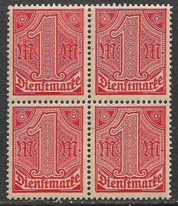 GERMANY 1920-21 1m Red on Buff OFFICIAL Block of 4 Sc O10 MNH