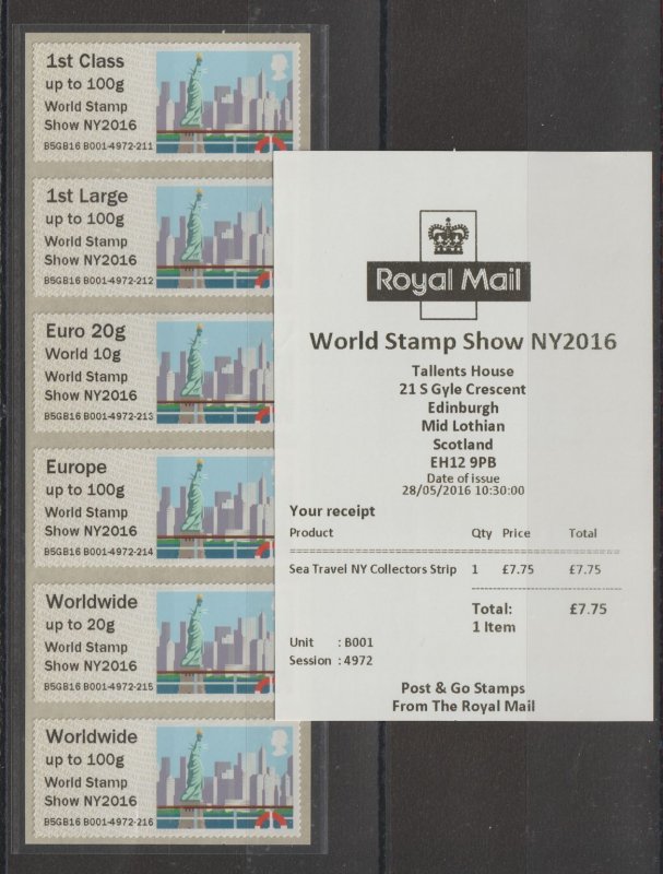 Great Britain Post & Go FS131-36 type IIA 2016 QE2 MNH World Stamp Show NY2016