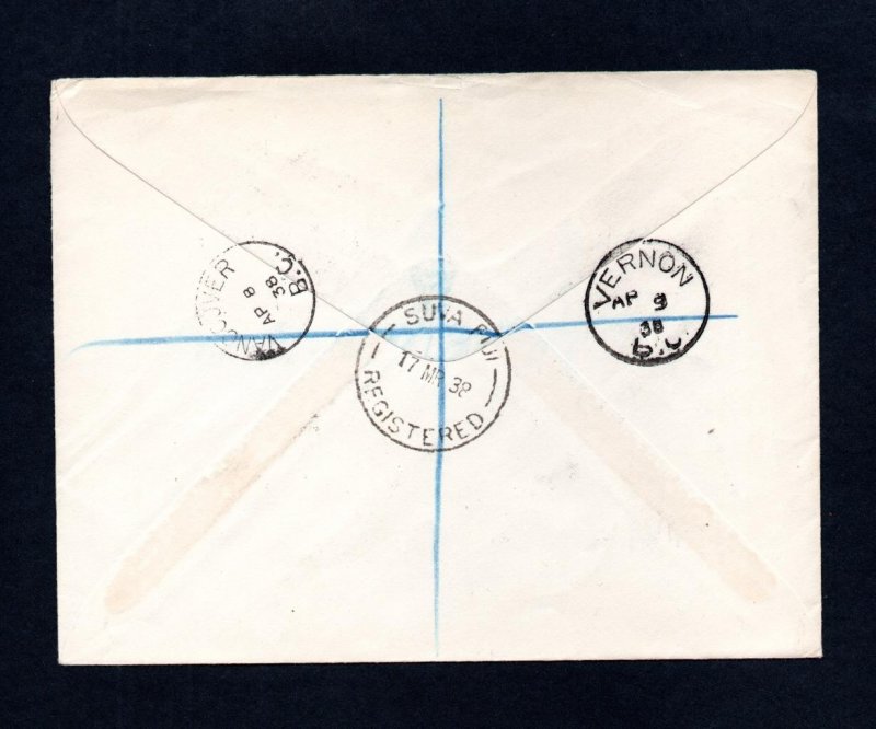 1938 FIJI REGISTERED COVER BEARING 1937 CORONATION STAMPS
