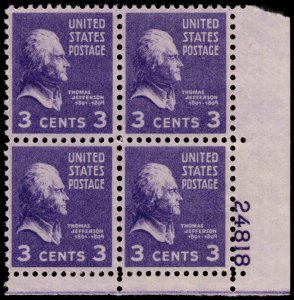 US #807 JEFFERSON MNH LR PLATE BLOCK #24818