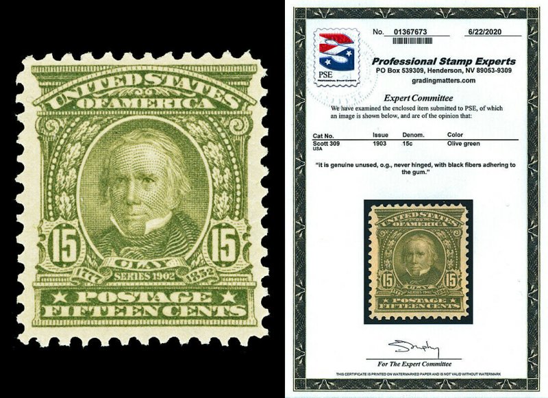 Scott 309 1903 15c Olive Green Clay Regular Issue Mint F-VF NH Cat $475 PSE CERT