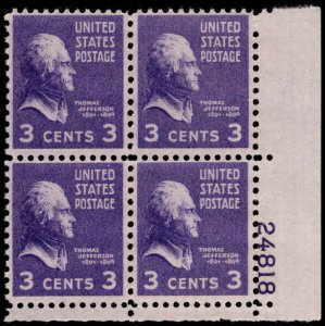 US #807 JEFFERSON MNH LR PLATE BLOCK #24818