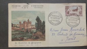 P) 1959 FRANCE, PERPIGNAN CASTLE STAMP, FDC, SHIPPER FROM GERMANY TO PARIS, XF