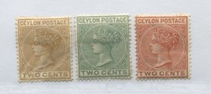 Ceylon QV 1883-99 3 different colored 2 cent values mint o.g. hinged