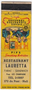 Canada Revenue 1/5¢ Excise Tax Matchbook RESTAURANT LAURETTA Hull