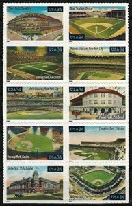 2001 Legendary Playing Fields, Blk of 10 34c Postage Stamps, Sc#3510-19, MNH,OG