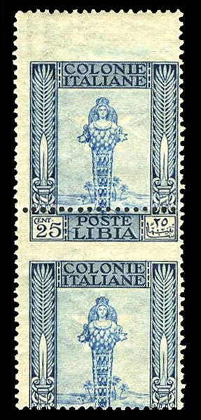 Italian Colonies, Libya #25, 1921 25c dark blue, vertical pair with dramatic ...