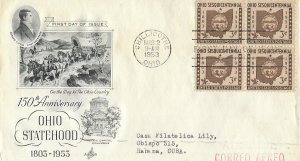 1953 FDC, #1018, 3c Ohio 150th, Art Craft, block of 4