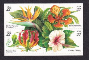 United States  #3310-3313a MNH 1999  tropical flowers block of 4  self-adhesive