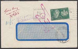 AUSTRALIA 1963 cover UNCLAIMED AT RINGWOOD, DLO label etc..................57247