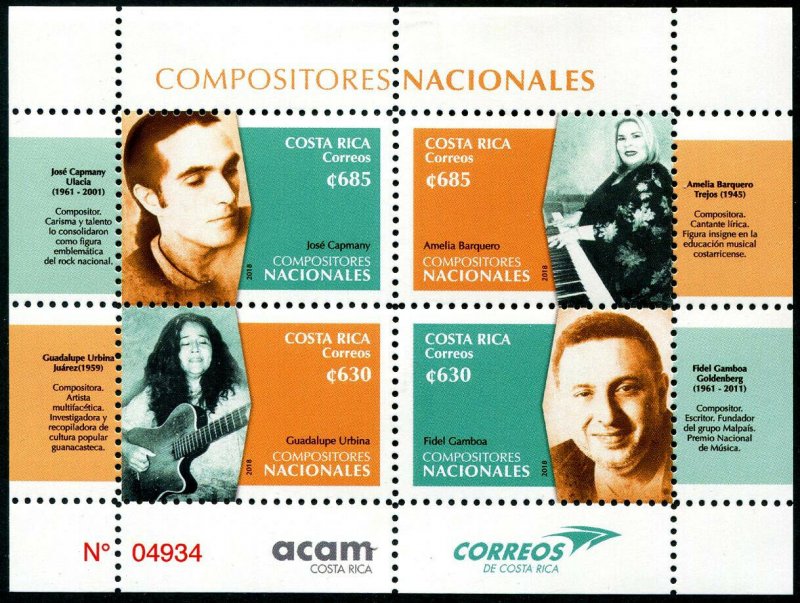 HERRICKSTAMP NEW ISSUES COSTA RICA Sc.# 696 Composers Sheetlet