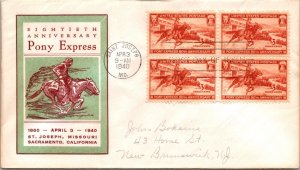 FDC 1940 SC #894 Linprint Cachet - St Joseph, Mo - Block Of 4 - J4696