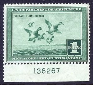 RW4 VF-XF MNH OG PLATE# SINGLE-1937 DUCK STAMP! (REM #RW4-265)