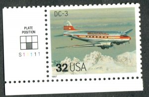 3142q DC-3 Classic Aircraft MNH plate number single - PNS