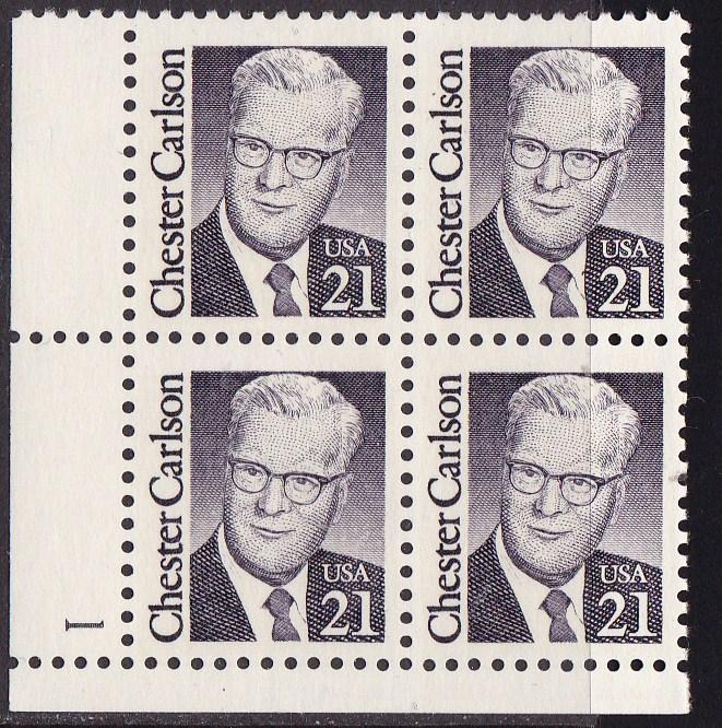 Great Americans Issue of 1986-94 21c Chester Carlson Plate Number Block-4 VF/NH