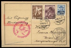 Austria 1936 Hindenburg Zeppelin Si426 Berlin Olympics Vienna Cover 91116