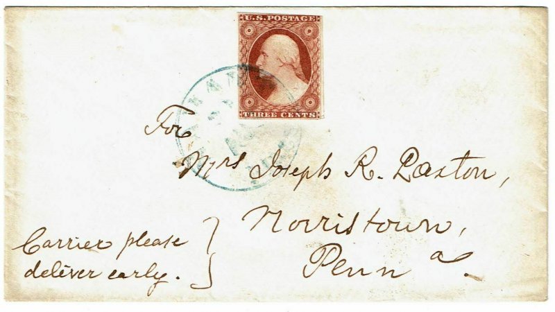 1850's Nahant, MA cancel in blue on cover, with 3c type I, Scott 10