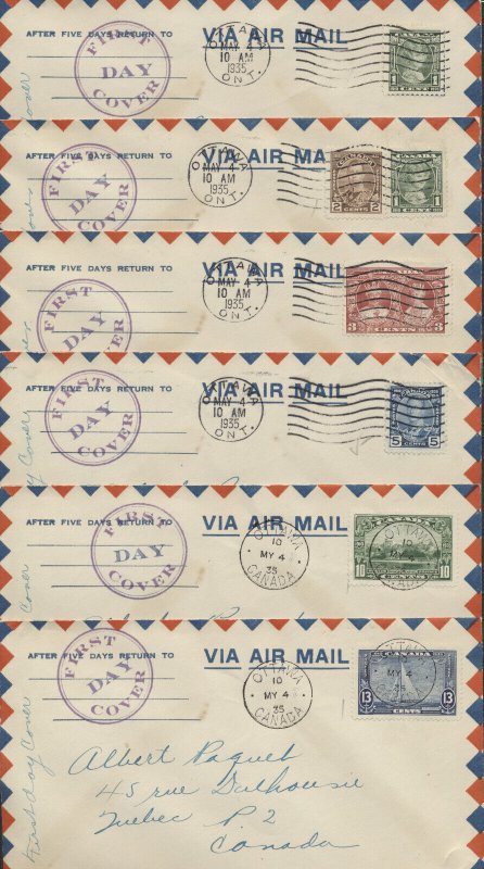 1935 #211-216 Geo V Silver Jubilee Set of 6 FDCs Air Mail Cover Handstamp Cachet