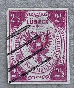 Lubeck 4 / 1859 Rose Coat of Arms Stamp / Imperf / Used / German State