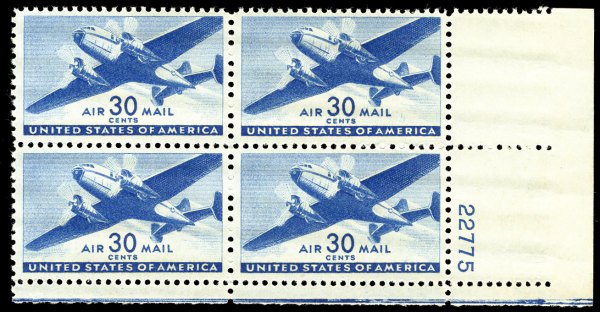 US #C30 Plate Block, VF mint never hinged,  post office fresh,  a select plat...