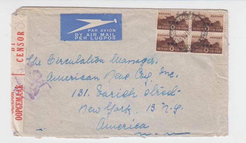 SOUTH WEST AFRICA -USA 1944 CENSOR COVER, 4x1sh BANTAMS AIRMAIL (SEE BELOW)