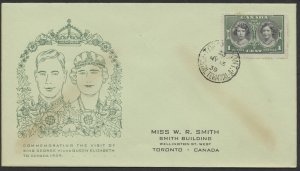 1939 #246 1c Royal Visit FDC Green/Green Miss WR Smith Cachet Toronto Terminal A