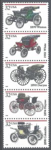 1995 Antique Automobiles Strip Of 5 32c Postage Stamps, Sc# 3019-3023, MNH, OG