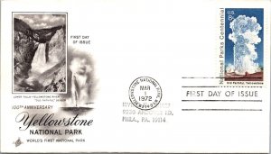 FDC 1972 SC #1453 Artcraft Cachet - Yellowstone Nat'l Park WY - Single - F78298