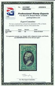 EXCEPTIONAL GENUINE SCOTT #O68 MINT OG H PSE CERT 1873 TWO DOLLAR STATE OFFICIAL