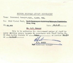 HONG KONG AVIATION BOAC 1967 Excess Baggage MEMO Letter {samwells-covers}CE65