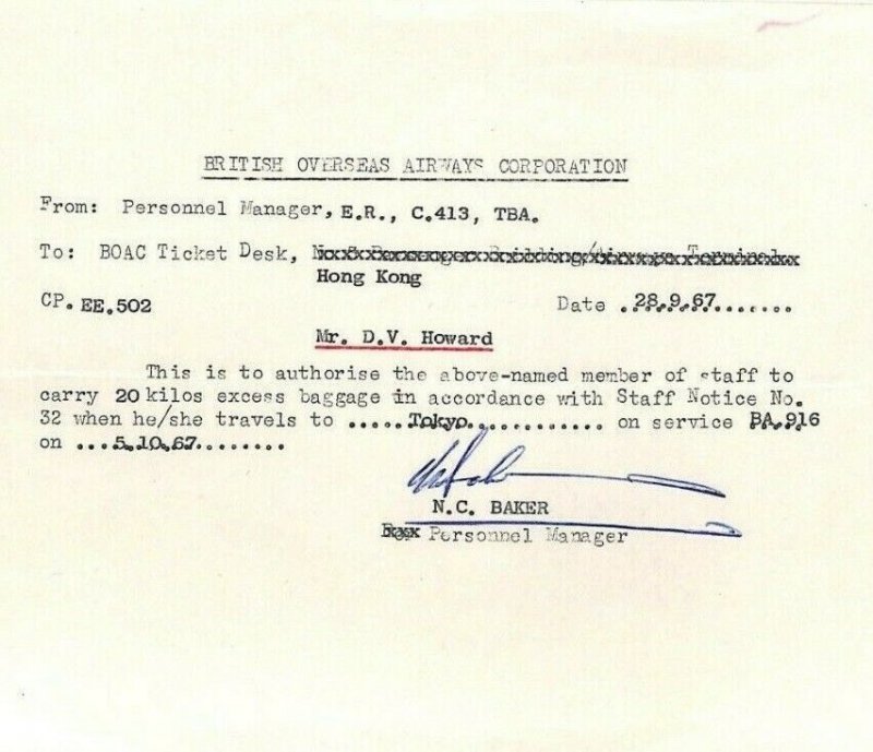 HONG KONG AVIATION BOAC 1967 Excess Baggage MEMO Letter {samwells-covers}CE65