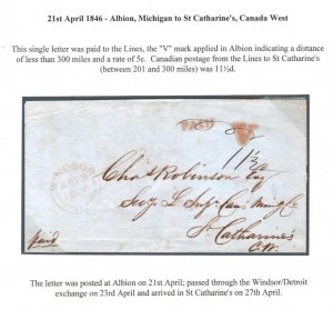 USA Cover Michigan Albion *V* Mark 5c Rate CANADA St Catharines 1846 MAL587