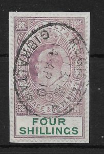 GIBRALTAR SG63 1908 4/= PURPLE & GREEN USED ON PIECE